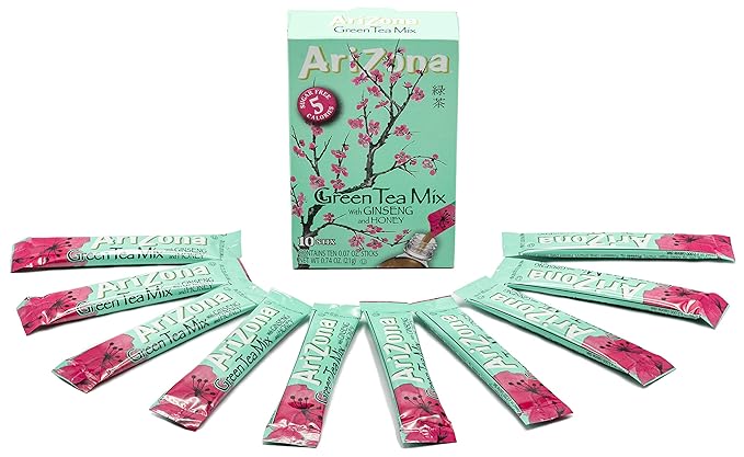 AriZona Green Tea with Ginseng Sugar Free Iced Tea Stix Low Calorie Single Serving Drink Powder Packets 10 Count (Pack of 12)