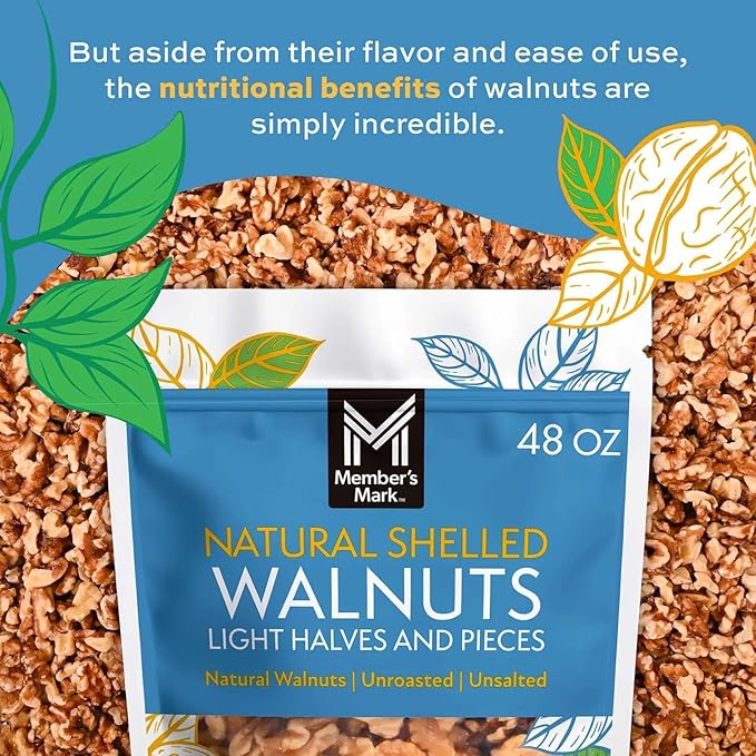 Member Mark Natural Shelled Walnuts 3 lbs | Fresh Unsalted Raw Walnuts | Resealable Bag | Heart-Healthy Snack for Baking Cooking &amp Everyday Nutrition - Bulk Disc