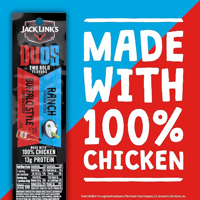 Jack Link's DUOs Chicken Jerky Meat Snack Sticks with 13g Protein - Frank's RedHot Buffalo Style With Creamy Ranch Made with 100% Chicken Two Flavors in One Package 1.84oz (10 Pack of 2 Sticks)