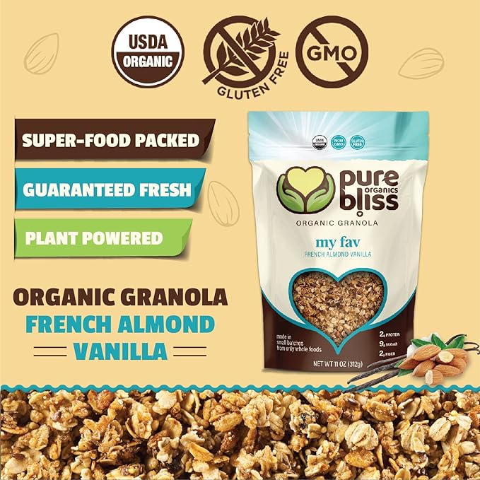 Pure Bliss Organic My FAV Granola (French Vanilla Almond) Certified Organic and Gluten Free Non-GMO Great Tasting Natural Healthy Snack Small Batch Artisan Granola Cereal Simple Satisfying Superfo