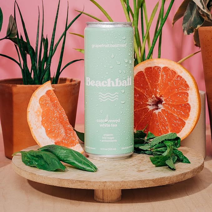 Beachball Organic Grapefruit Basil Mint Iced Tea – Low Sugar Low Calorie No Artificial Sweeteners Vitamin C 12-Pack 12oz Cans