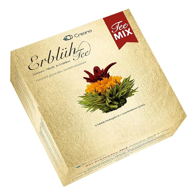 Creano Tea Flowers Mix Golden Gift Set Blooming Tea with Glass Teapot White Green &amp Black Tea in 6 Varieties Tea Flower Blooming Tea Gift for Women