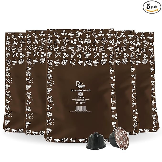 Dongiò Caffè Milano Lungo Capsules Compatible with Nescafe Dolce Gusto system 100 Count of Single-Serve Coffee pods (5 Boxes of 20 capsules each) Med-Light Roast | Intensity 6/10