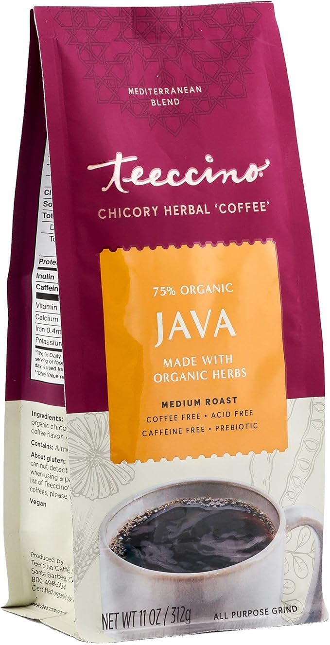 Teeccino Chicory Coffee Alternative - Java - Ground Herbal Coffee Caffeine-Free &amp Acid Free Medium Roast 11 Ounce (2 Pack)