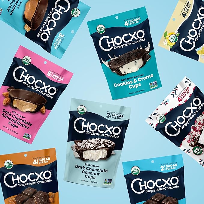 Chocxo Dark Milk Chocolate Cookies &amp Crème Cups - Lower Sugar 69% Organic Cacao NonGMO Keto Gluten Free Kosher No Artificial Sweeteners/Sugar Alcohols 3.45 oz (Pack of 6)