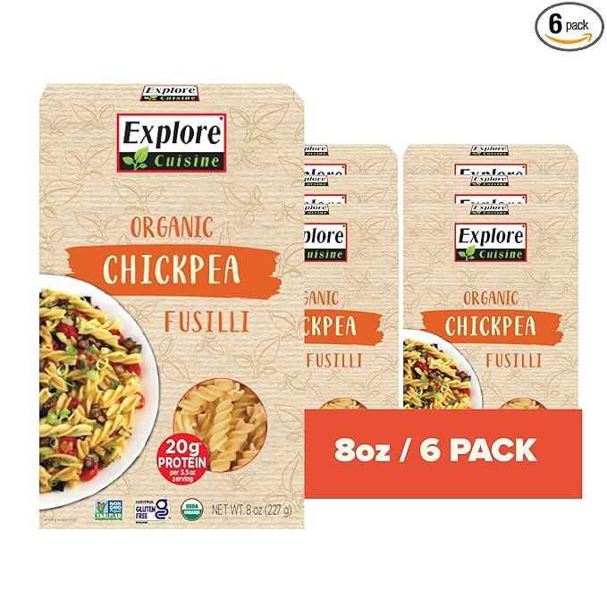 Explore Cuisine Organic Chickpea Fusilli - Pack of 6 (8 oz) - Easy-to-Make Gluten Free Chickpea Pasta - High in Plant Protein &amp Fiber - Non-GMO - 24 Total Servings