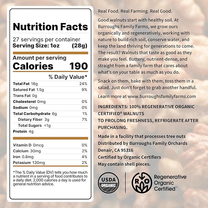Organic Raw Walnuts Halves &amp Pieces 1.7lb – Unpasteurized Regeneratively Grown in California – Whole Fresh Unsalted – Plant-Based Omega-3s
