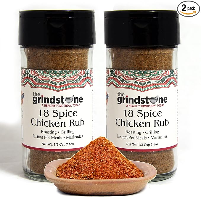 The Grindstone Chicken Rub 18 Spices Perfect for grilling tandoor roast broil 3.50 oz. Glass Jar Pack of 2