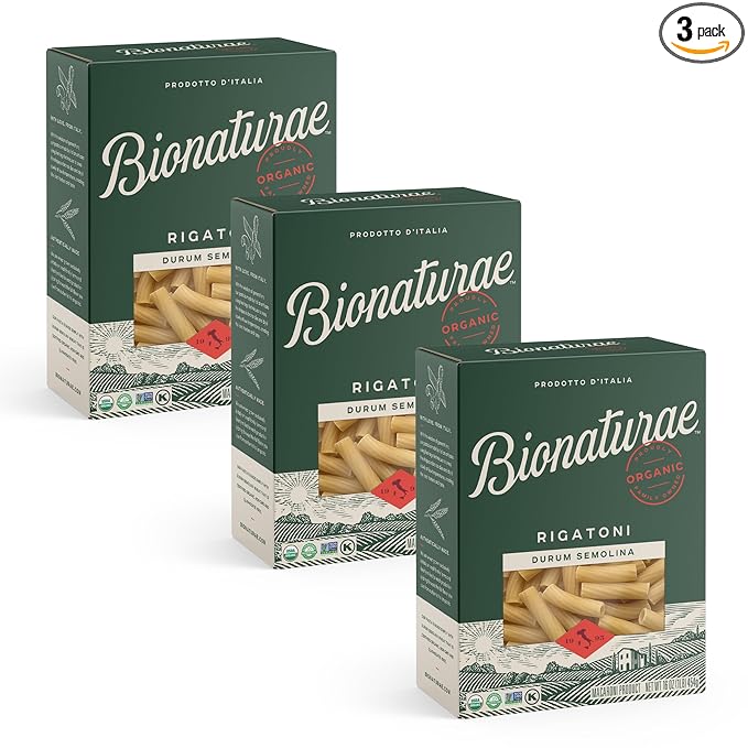 Bionaturae Rigatoni Pasta Noodles - Durum Semolina Pasta Kosher High Protein Non-GMO Verified USDA Certified Durum Semolina Rigatoni Rigatoni Pasta Organic Crafted in Italy - 16 Oz 3 Pack