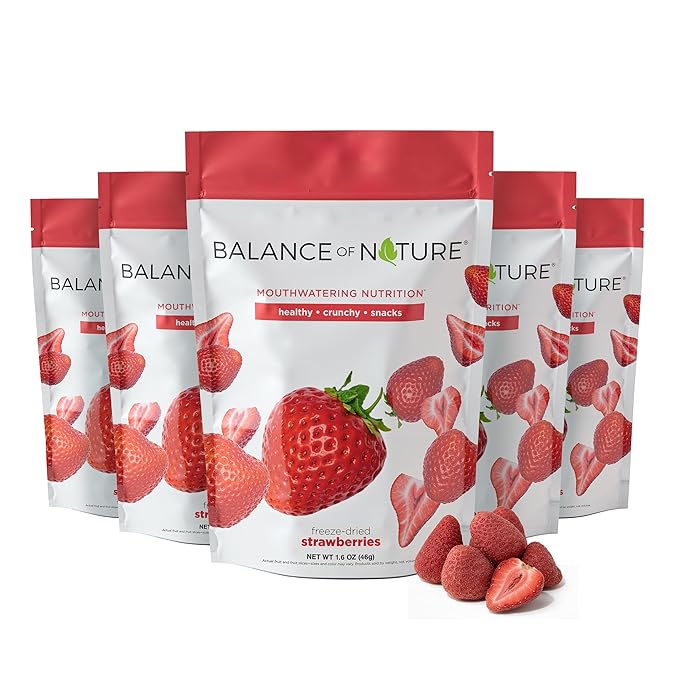 Balance of Nature Freeze-Dried Strawberries (5 Pack) – 100% Real Fruit Crunchy Strawberry Slices Healthy Snack Mouthwatering Nutrition Gluten-Free Vegan No Sugar Added Five 1.6 oz Bags