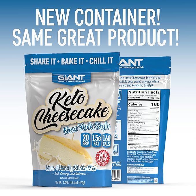 Giant Sports Keto Cheesecake Shake Mix - Delicious Low Carb Ketogenic Diet Gluten Free Powder Mix - Meal Replacement - Works Great with Almond Milk - New York Style (20 Serving Bag)