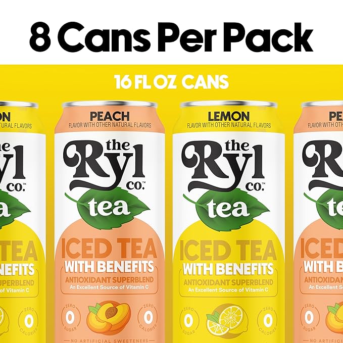 Ryl Iced Tea Variety Fruit Pack Peach Tea and Lemon Tea 12.0 Fl Oz (8-Pack)