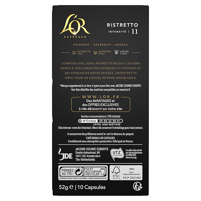 L'Or Espresso Café Ristretto - Intensité 11 - 50 Capsules en Aluminium Compatibles avec les Machines Nespresso (Lot de 5X10 capsules)