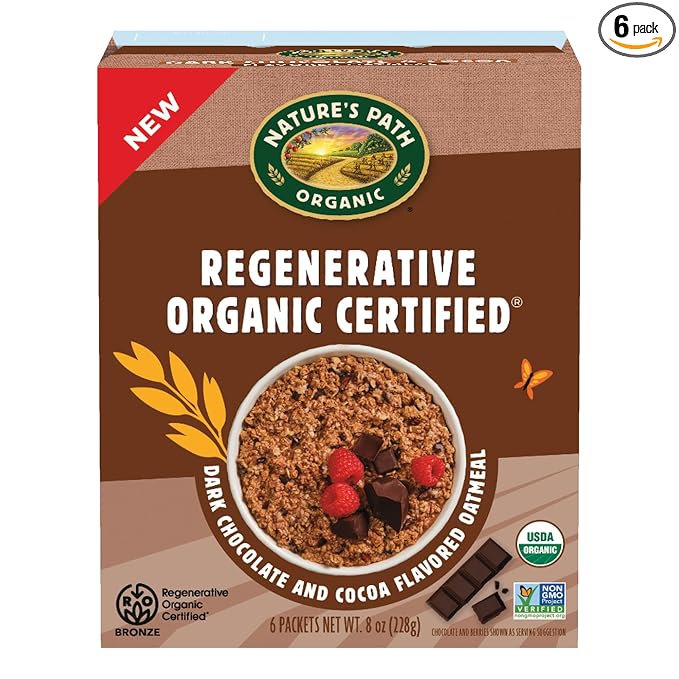 Nature's Path Organic Regenerative Organic Certified Dark Chocolate &amp Cocoa Instant Oatmeal 8 oz (Pack of 6) Non-GMO Fair Trade