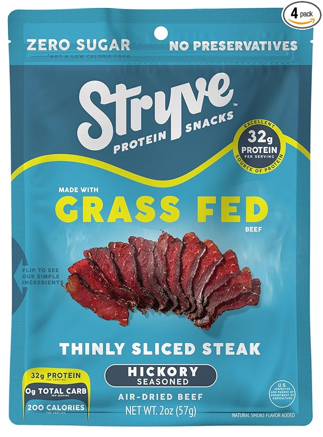 Stryve Protein Snacks - Better Than Jerky Steak - Grassfed Beef Biltong | 32g Protein Sugar Free Zero Carbs Gluten Free Dairy Free Keto &amp Paleo Friendly | Hickory Pack Of 4