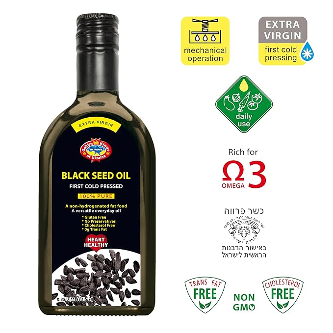 Black Seed Oil Cold Pressed Glass Bottle 11.83 OZ from Ukraine - Black Cumin Seed Cooking Oil for Soups Salads Baking