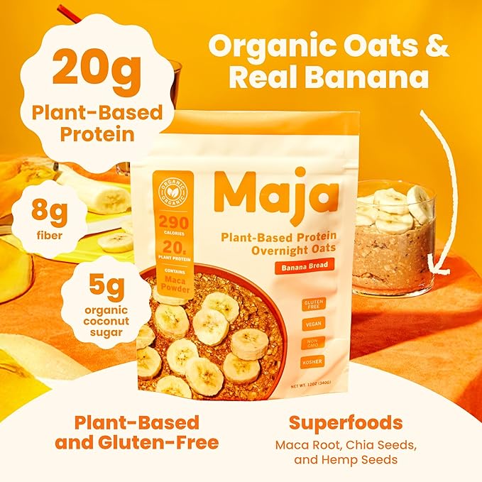 Maja Banana Bread Overnight Protein Oats 2.4 oz Single-Serve (6 Pouches) | High Protein Overnight Oats Gluten Free Plant-Based | Certified Organic | Just Add Milk or Plant Milk