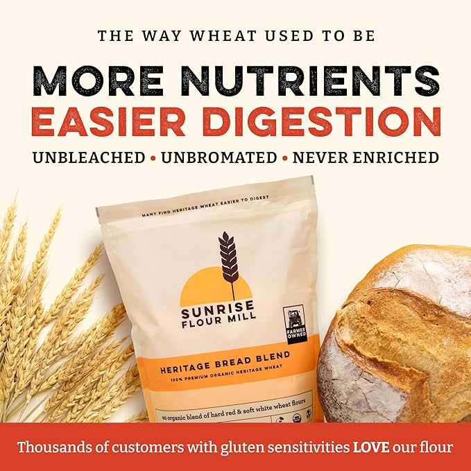 Sunrise Flour Mill Heritage Organic Bread Flour Blend - 5 lbs | Organic Unbleached Bread Flour Easy to Digest with Less Bloating | High Protein Superior Baking | Smooth Nutty Flavor