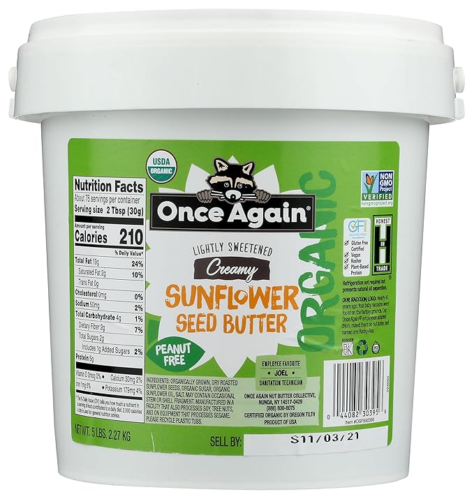 Once Again Organic Creamy Sunflower Butter 5lb Pantry Pal (same as 5 jars)- Lightly Salted &amp Sweetened - Peanut Free USDA Organic Gluten Free Certified Vegan Kosher