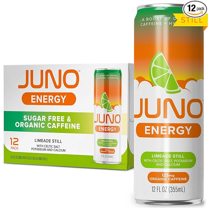 JUNO ENERGY Limeade Still Energy Drink - Sugar Free 125mg Organic Caffeine from Green Coffee Beans Hydrating with Stevia Organic Lime Juice - Vegan Gluten Free 12 Pack