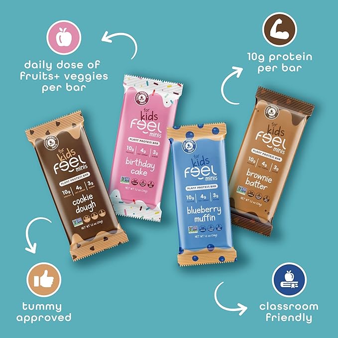 Feel Bar Minis – Kids Protein Bars | Birthday Cake | 10g Plant Protein | 100 Calories | No Added Sugar | + Daily Veggies | Gluten Free No Nuts No Soy No Dairy No Grains (12 Pack)