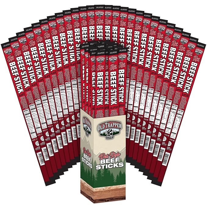 Old Trapper Deli-Style Sausage Sticks Jalapeño Flavor 1.75-Ounce Individually Wrapped Packages 11 Grams of Protein and Zero Grams of Sugar per Serving (Pack of 26)