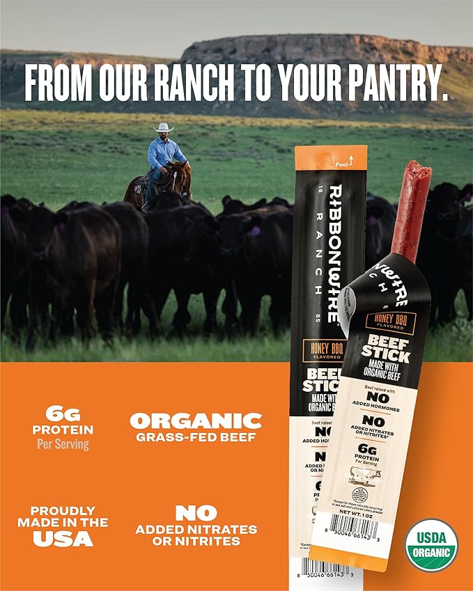 Ribbonwire Ranch Beef Sticks Made with Organic Beef Pasture Raised High Protein Snack Healthy Low Carb Keto Friendly Gluten Free Nitrate Free On the Go 1 Oz Sticks Honey BBQ Flavor 20 Pack
