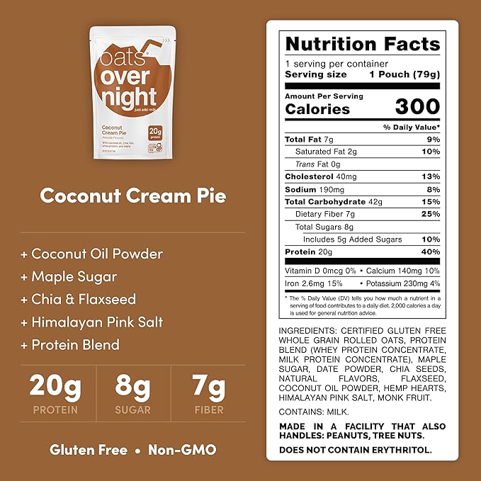 Oats Overnight Coconut Cream Pie - Overnight Oats with 20g Whey Protein High Fiber Breakfast Protein Shake - Gluten Free Oatmeal Non GMO High Protein Oatmeal (2.8 oz per Meal) (8 Pack)