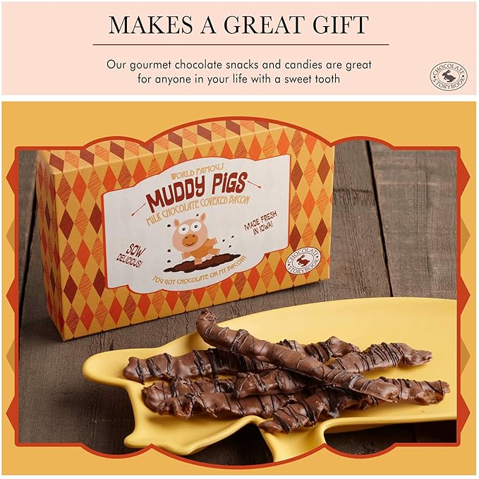 Muddy Pigs Chocolate Covered Bacon Strips - 6 Hickory Smoked Bacon Strips - Gourmet Artisan Chocolates Made Fresh in Iowa