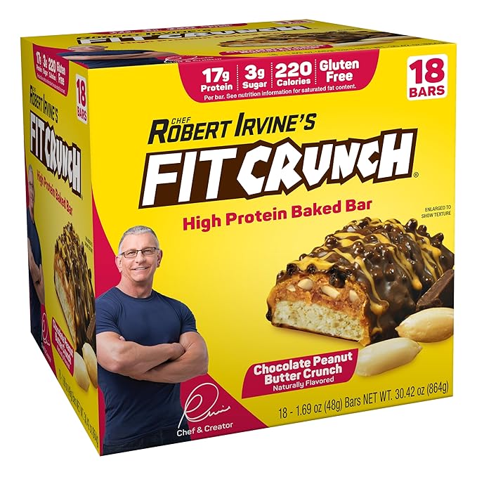 FITCRUNCH Snack Size Protein Bars 6-Layer Baked Bar 3g of Sugar Gluten Free &amp Soft Cake Core (18 Bars Peanut Butter Crunch)