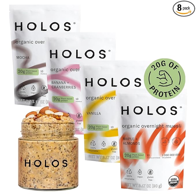 HOLOS Protein Overnight Oats - 8 Pack Variety Flavors with Jar - 20g Plant Proteins Organic Gluten Free Cereal with High Fiber Probiotics Vitamins Minerals
