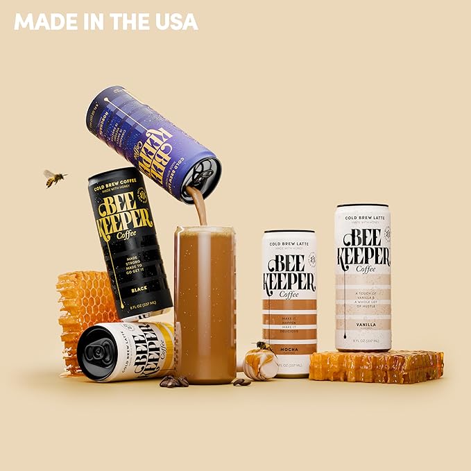 Beekeeper Vanilla Latte Cold Brew Coffee Drinks with Oregon Honey | 12 Pack Refreshing Iced Coffee - Unsweetened &amp Strong Arabica Brew 8 fl oz Ready-to-Drink Can - 180mg Natural Caffeine