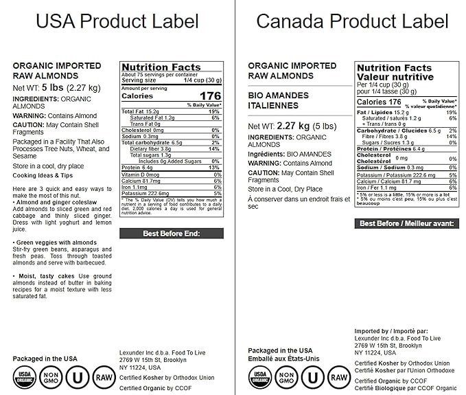 Food to Live - Organic Imported Raw Almonds 5 Pounds Non-GMO Whole No Shell Unpasteurized Unsalted Vegan Kosher Keto-Friendly.