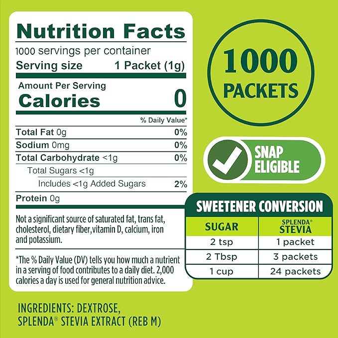 SPLENDA Stevia Zero Calorie Sweetener Plant Based Sugar Substitute Granulated Powder Single Serve Packets 1000 Count (Pack of 1)