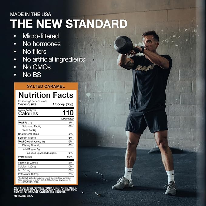 RAW Whey Isolate Protein Powder Salted Caramel - 100% Grass-Fed Sports Nutrition Whey Protein Powder for Muscle Growth &amp Recovery - Low-Fat Low Carb Naturally Flavored &amp Sweetened - 25 Serv
