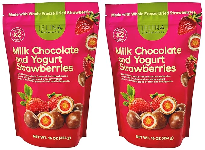 (2 Bags) Jelina Chocolatier Milk Chocolate and Yogurt Strawberries 16 Ounce