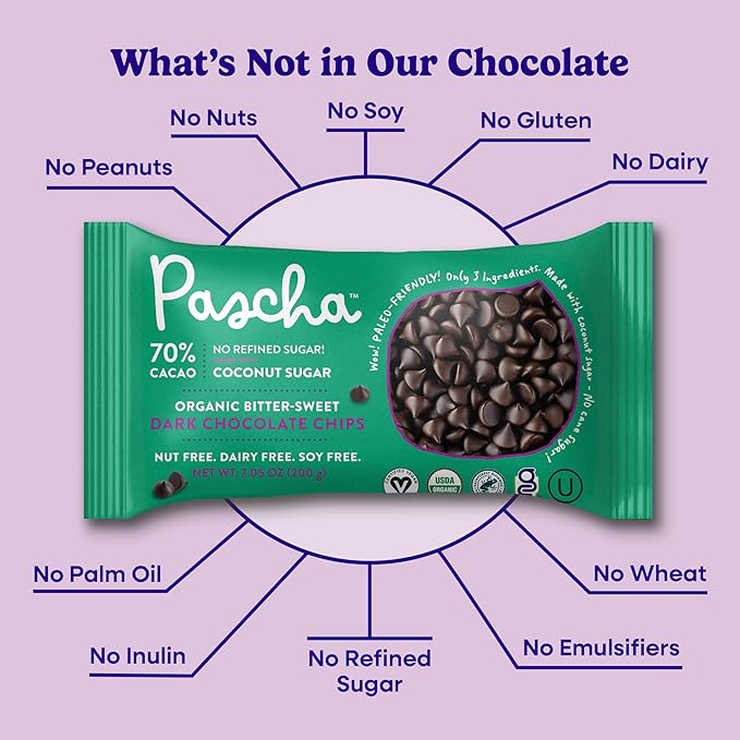 Pascha Organic 70% Cacao Baking Chips - Bittersweet Dark Chocolate with Coconut Sugar - Vegan Non-GMO Rainforest Alliance Certified - Allergen-Free (Pack of 8)