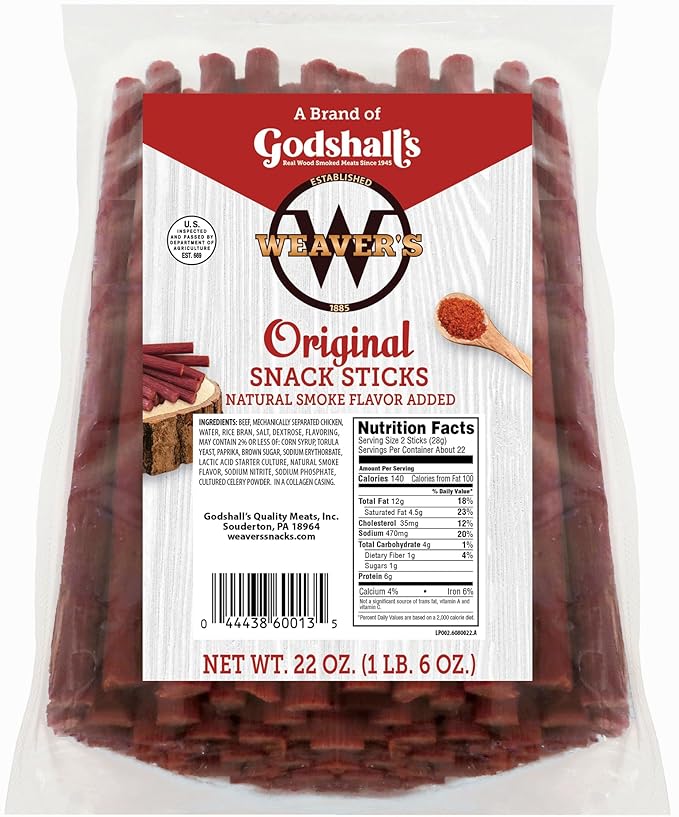 Weaver’s Original Snack Sticks (44 mild flavored 7 beef and chicken snack sticks per 22oz bag)