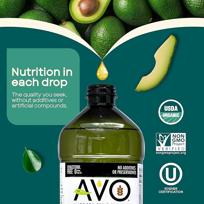 AVO Organic Avocado Oil for Cooking Frying Baking Salads Vinaigrette Marinades - General Organic Cooking Oil 64 Fl-oz (Half a Gallon) NO preservatives added High Smoke Point 500°F