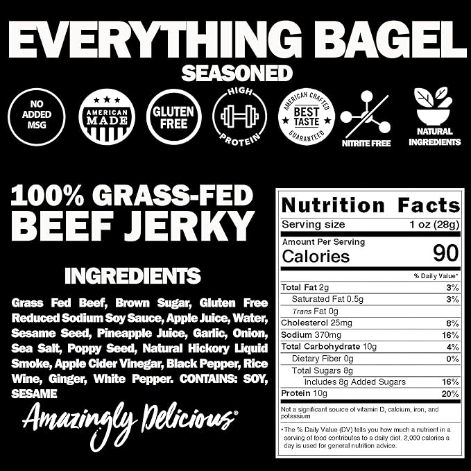 Field Trip Grass Fed Beef Jerky Healthy Gluten Free Snacks All Natural Paleo-Friendly Beef Jerky High Protein Low Carb Snack with No Nitrates 2.2oz Bag 4 Pack Everything Bagel
