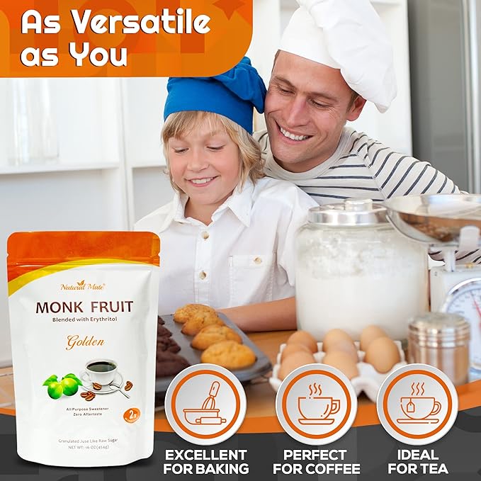 Monk Fruit Zero Calorie Sweetener (2x Sugar Sweet Golden) 16 oz - Granular Powder Blended with Erythritol - Sweet Natural Alternative to Xylitol and Stevia - Sugar Replacement for Keto Paleo Low G