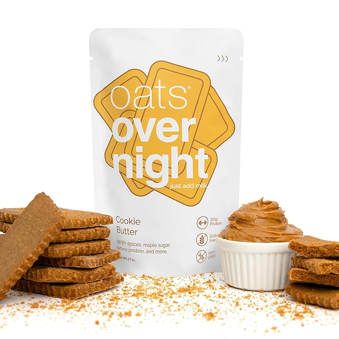 Oats Overnight Cookie Butter - Overnight Oats with 20g Whey Protein High Fiber Breakfast Protein Shake - Gluten Free Oatmeal Non GMO High Protein Oatmeal (2.7 oz per Meal) (8 Pack + Bottle)