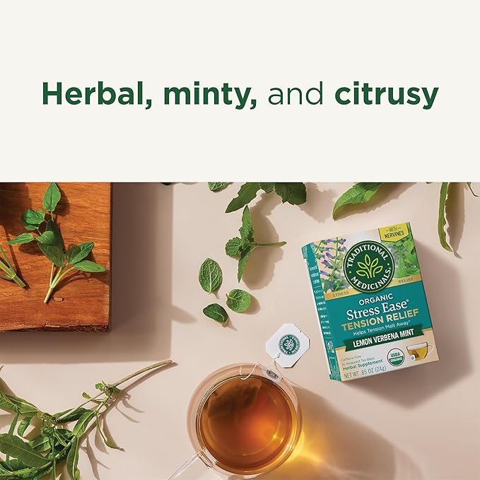 Traditional Medicinals Organic Stress Ease Tension Relief Tea Lemon Verbena Mint 96 Count (Pack of 6)