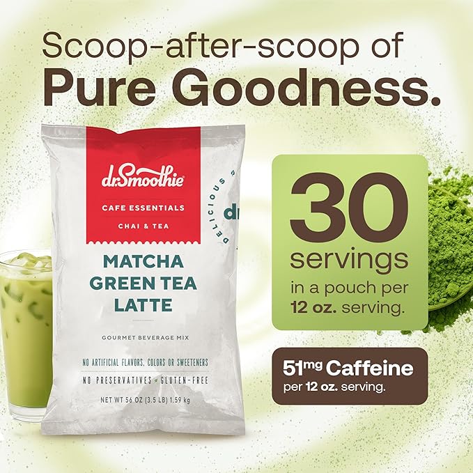 Dr. Smoothie Café Essentials Matcha Green Tea Latte – No Artificial Colors Flavors or Sweeteners – Shelf Stable – 51mg of Caffeine – Great for Hot Iced &amp Frozen Frappes (3.5 lb Bag 30 Serving