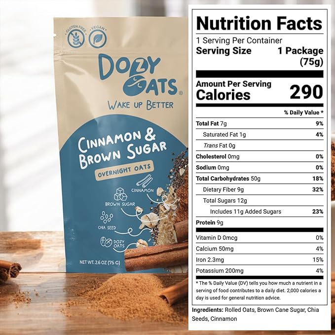 Dozy Oats Overnight Oatmeal Packets Cinnamon and Brown Sugar Multipack with Rolled Oats and Chia Seeds. Gluten-Free Natural Source of Protein and Fiber 12-Pack