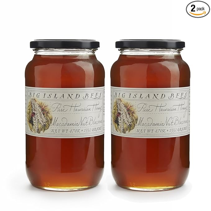 2-Pack of Big Island Bees Macadamia Nut Blossom Honey Pure Raw Hawaiian Honey - (Two Large 47 oz Glass Jars)