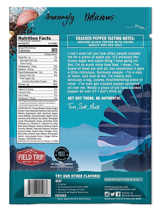 Field Trip Turkey Jerky Gluten Free Low Carb Healthy High Protein Snacks No Nitrates All Natural Ingredients Cracked Pepper 1oz Bags 12 Pack