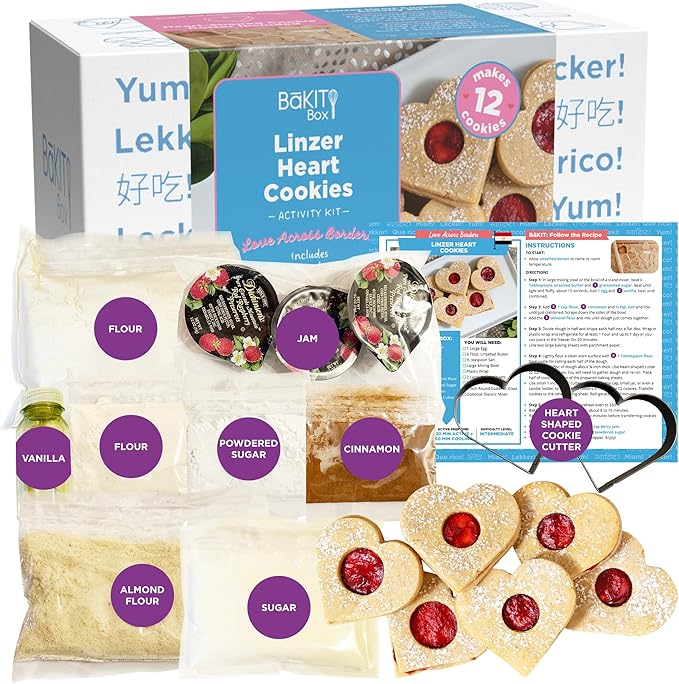 BāKIT Box Linzer Heart Cookies Baking and Activity Kit Kids Heart Cookie Decorating Kit International Snack Box of Cultural Learning and Fun Activities Great for Kids Gifts