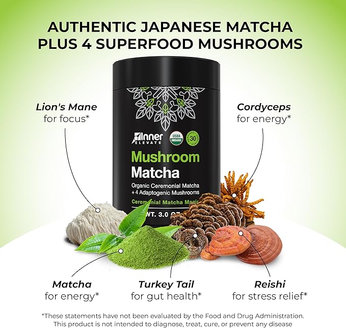 Inner Elevate Mushroom Matcha - Organic Ceremonial-Grade Matcha Powder with 4 Superfood Mushrooms - Adaptogenic Mushroom Tea Drink with Lion's Mane Cordyceps Turkey Tail Reishi (30 Servings)