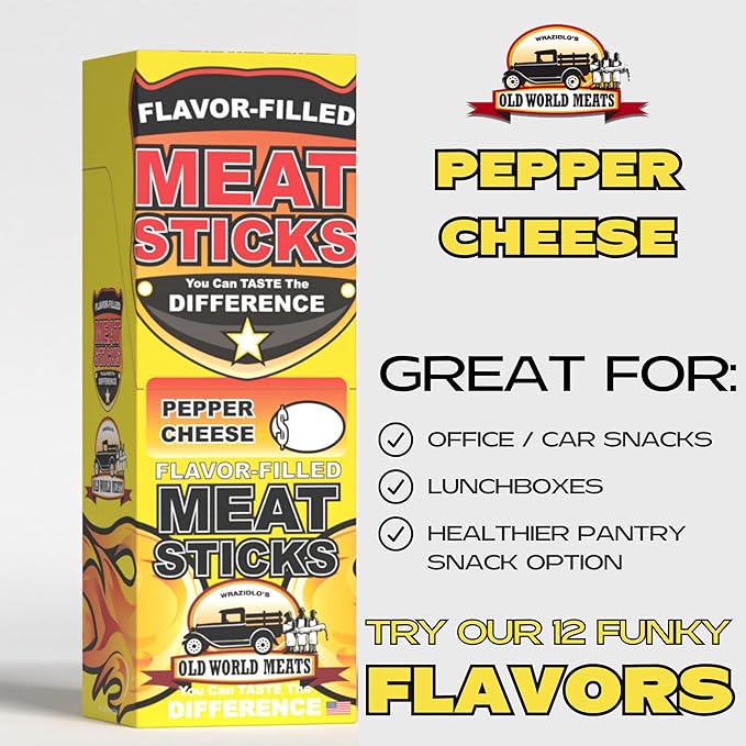 Old World Meats Meat Sticks 110 Calories Keto Low Carb 1g Sugar Fuelings 20 Pack 1 ounce sticks (Pepper Cheese)